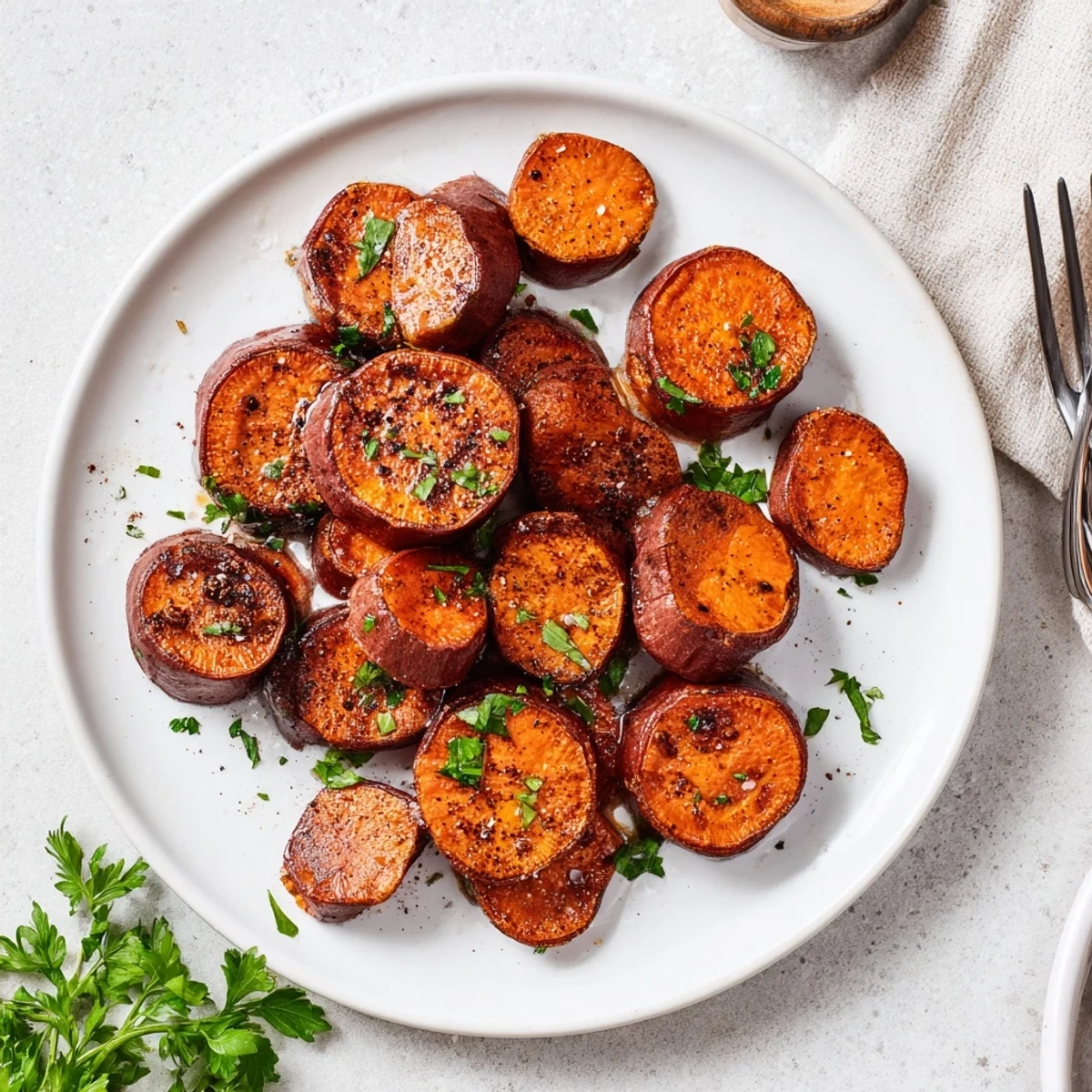 Crisp-edged Honey Drizzled Roasted Sweet Potato Medallions served on a rustic platter
