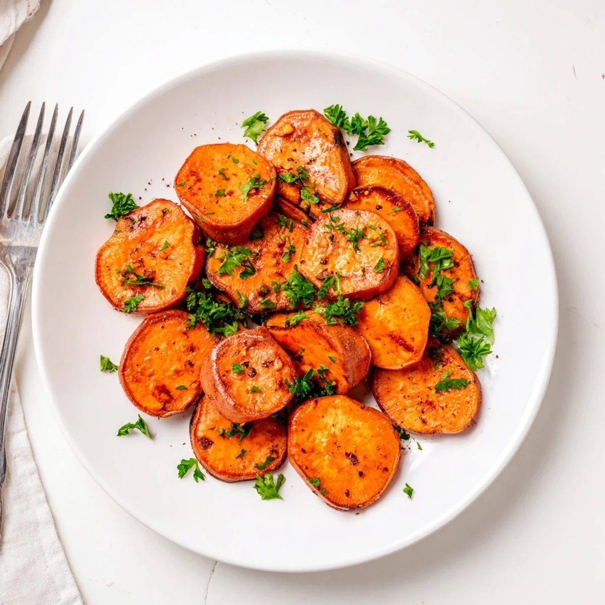 Warm Honey Drizzled Roasted Sweet Potato Medallions, cinnamon-scented and garnished with parsley