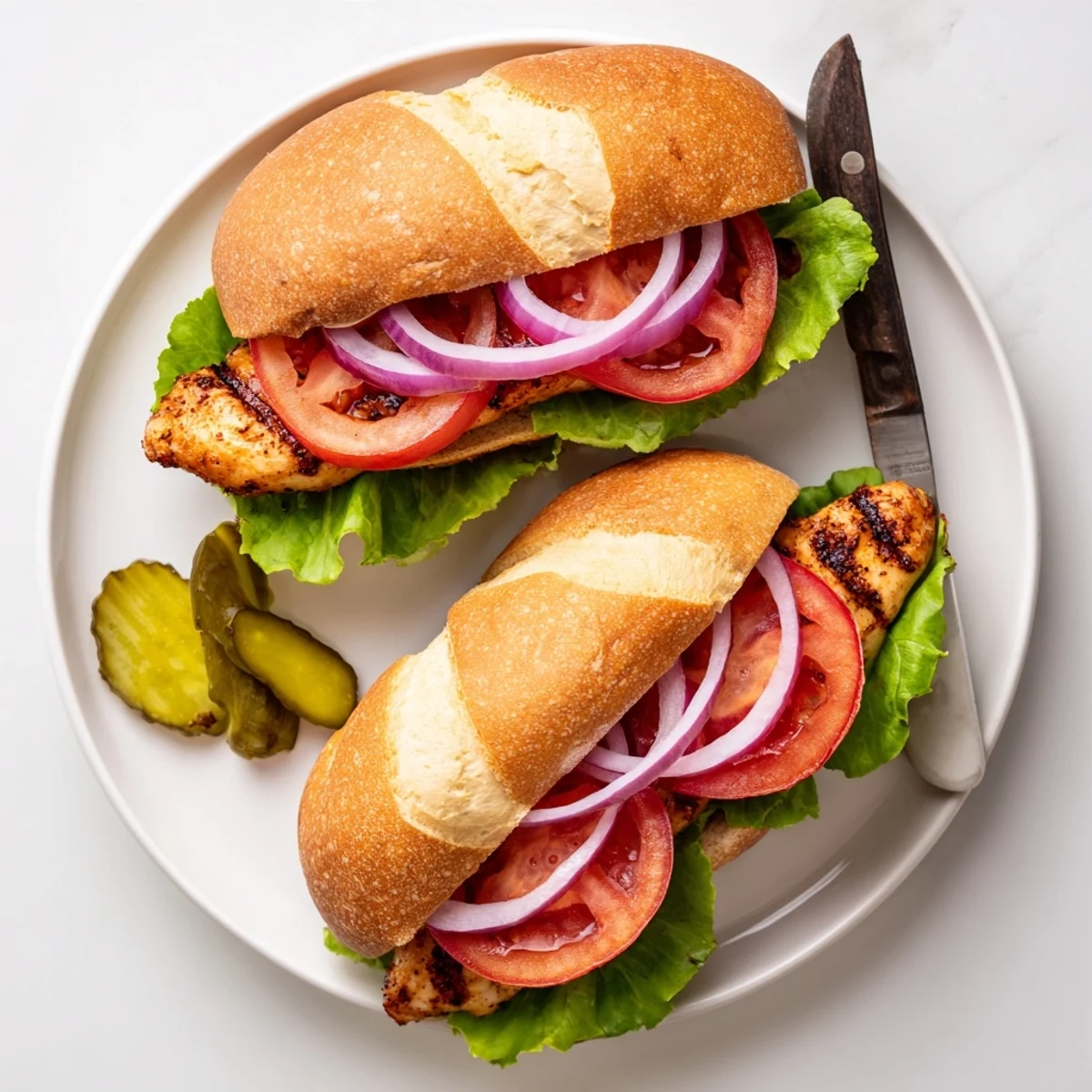 Golden brown spice-rubbed chicken breast layered on toasted bun with fresh lettuce tomato