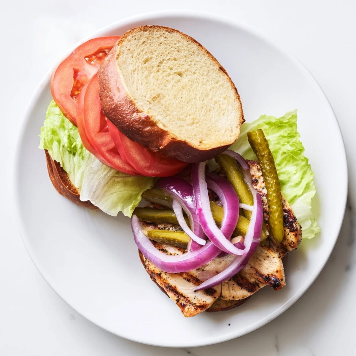 Savory spiced chicken sandwiches featuring moist grilled meat and colorful toppings on artisan rolls