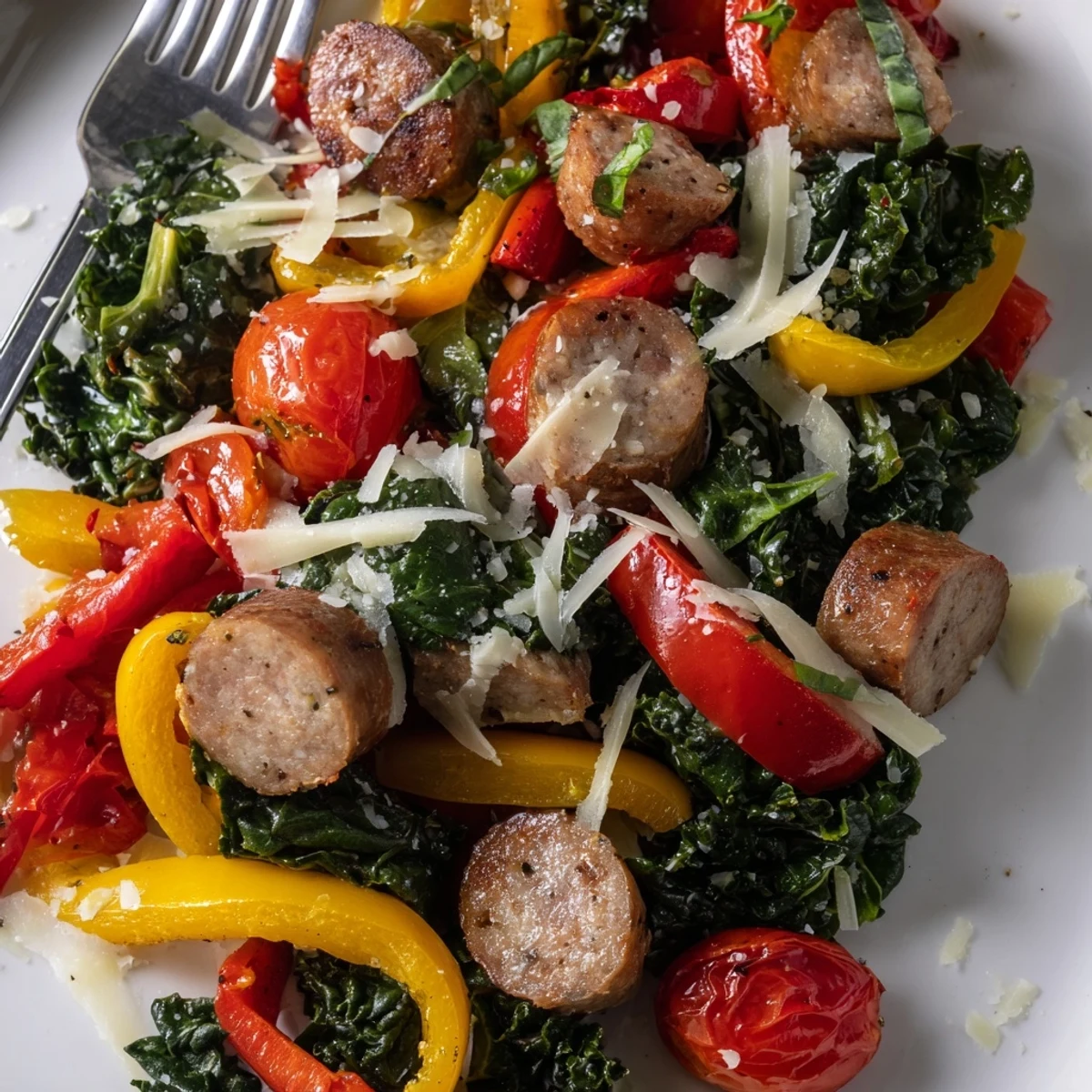 Golden browned sausage peppers and greens skillet dinner served steaming hot in cast iron