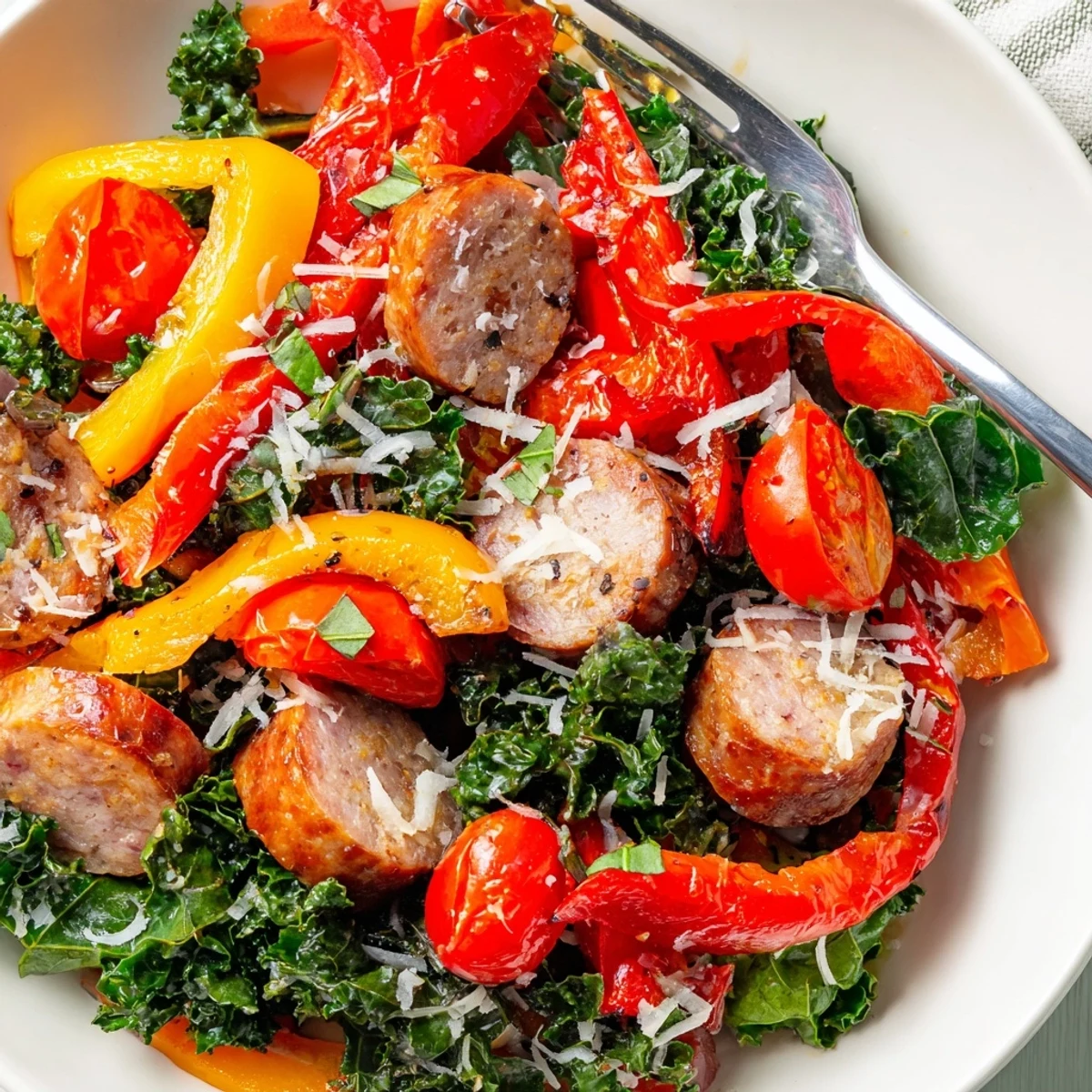 Vibrant one pan sausage and peppers skillet with wilted greens colorful vegetables ready to serve