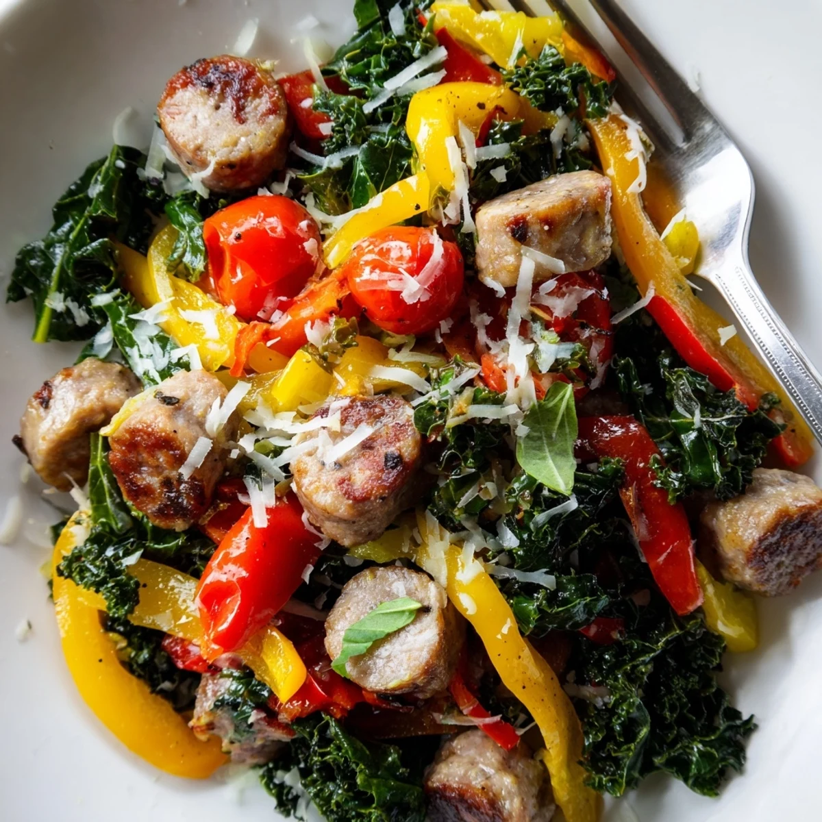 Hearty sausage peppers greens one pan meal featuring caramelized vegetables and tender Italian sausage links