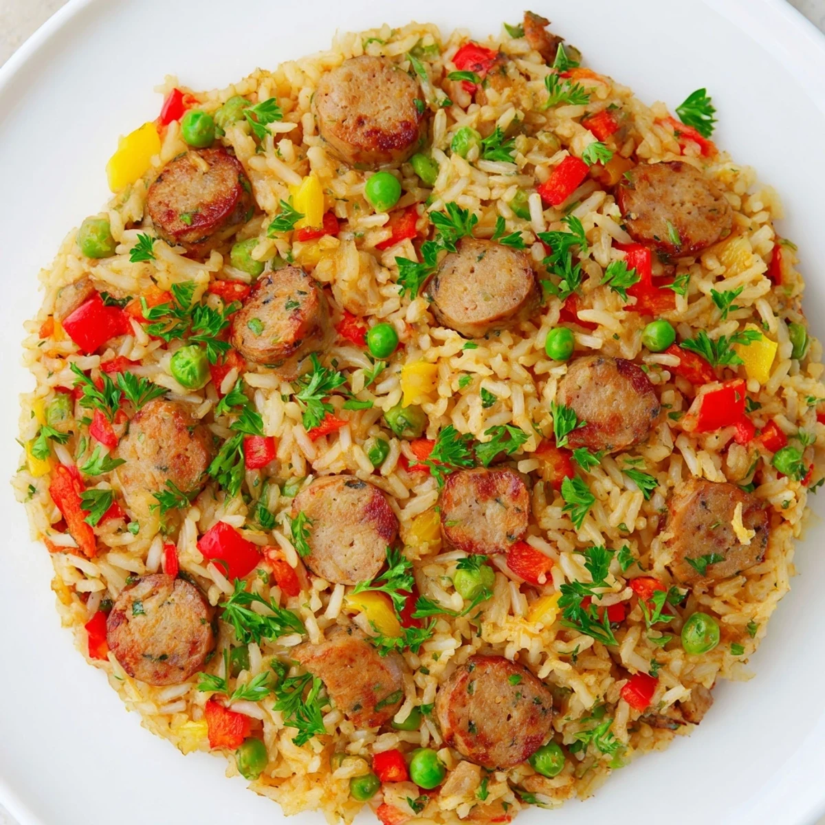 Golden crispy skillet rice with savory chicken sausage and colorful vegetables in a cast iron pan