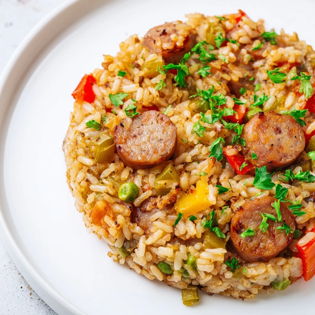 One-pan crispy rice dish topped with sliced chicken sausage, red bell peppers, and green peas