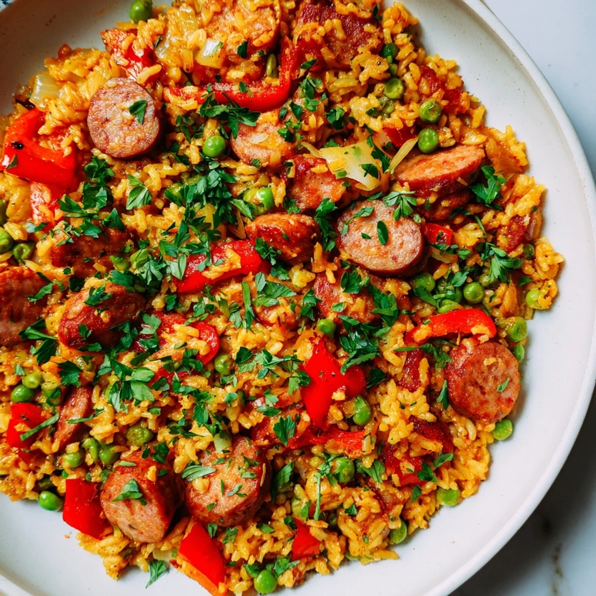 Comforting skillet rice featuring crispy bottomed grains and juicy sausage bites garnished with fresh parsley