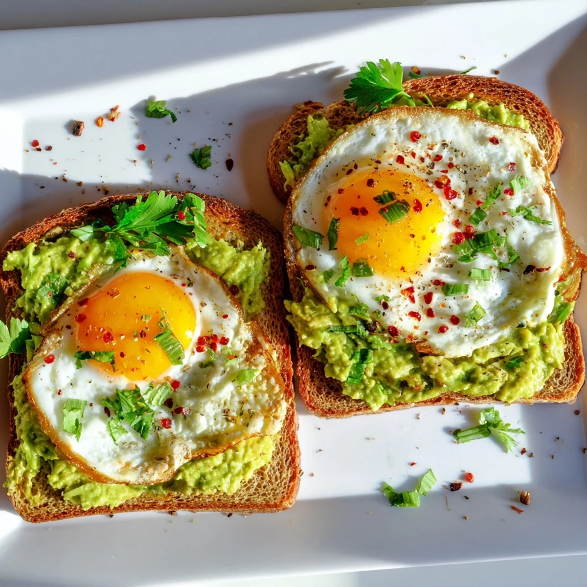 Golden toast piled high with creamy mashed avocado topped with a perfectly cooked egg