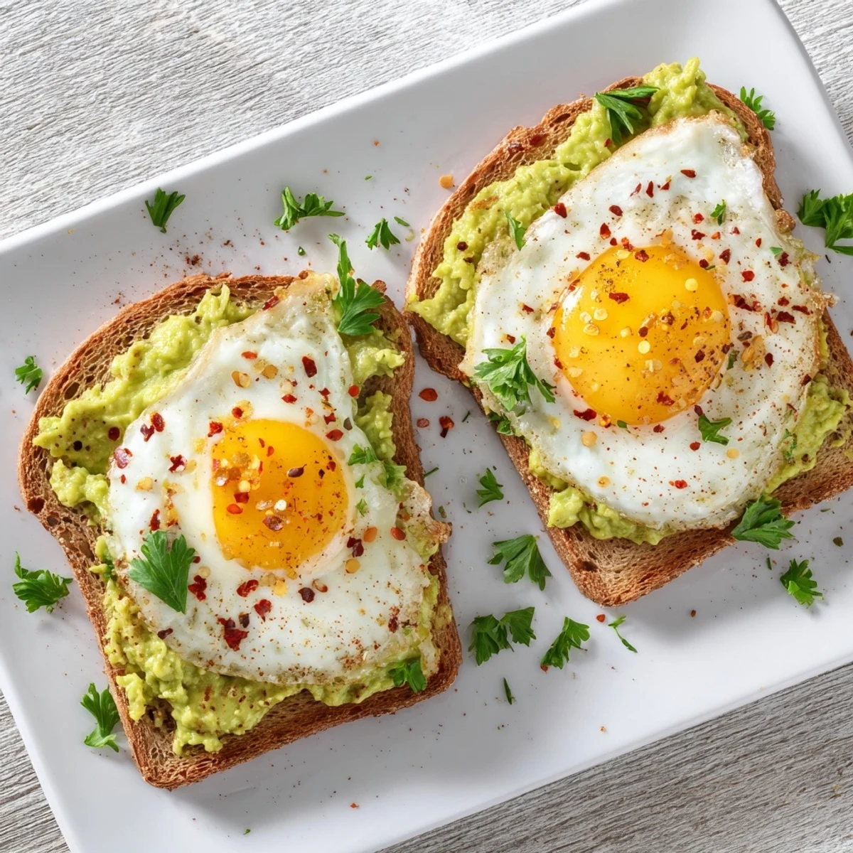 Simple avocado toast with egg featuring a runny yolk over green smashed avocado on crusty bread