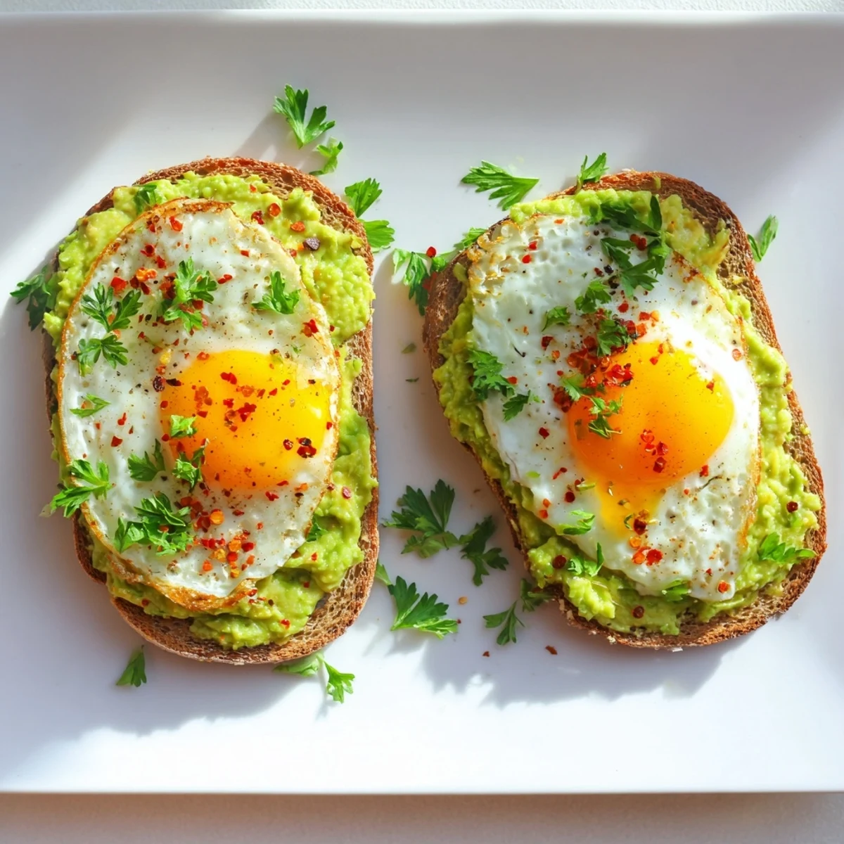 Breakfast plate showing avocado toast with egg garnished with red pepper flakes and fresh herbs
