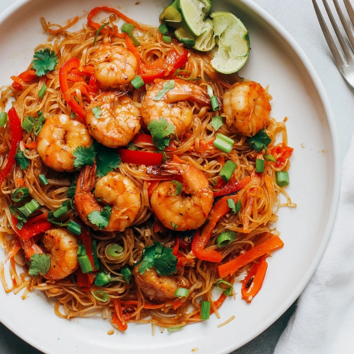 Spicy Garlic Shrimp Noodles Recipe served steaming, garlic aroma and lime wedge