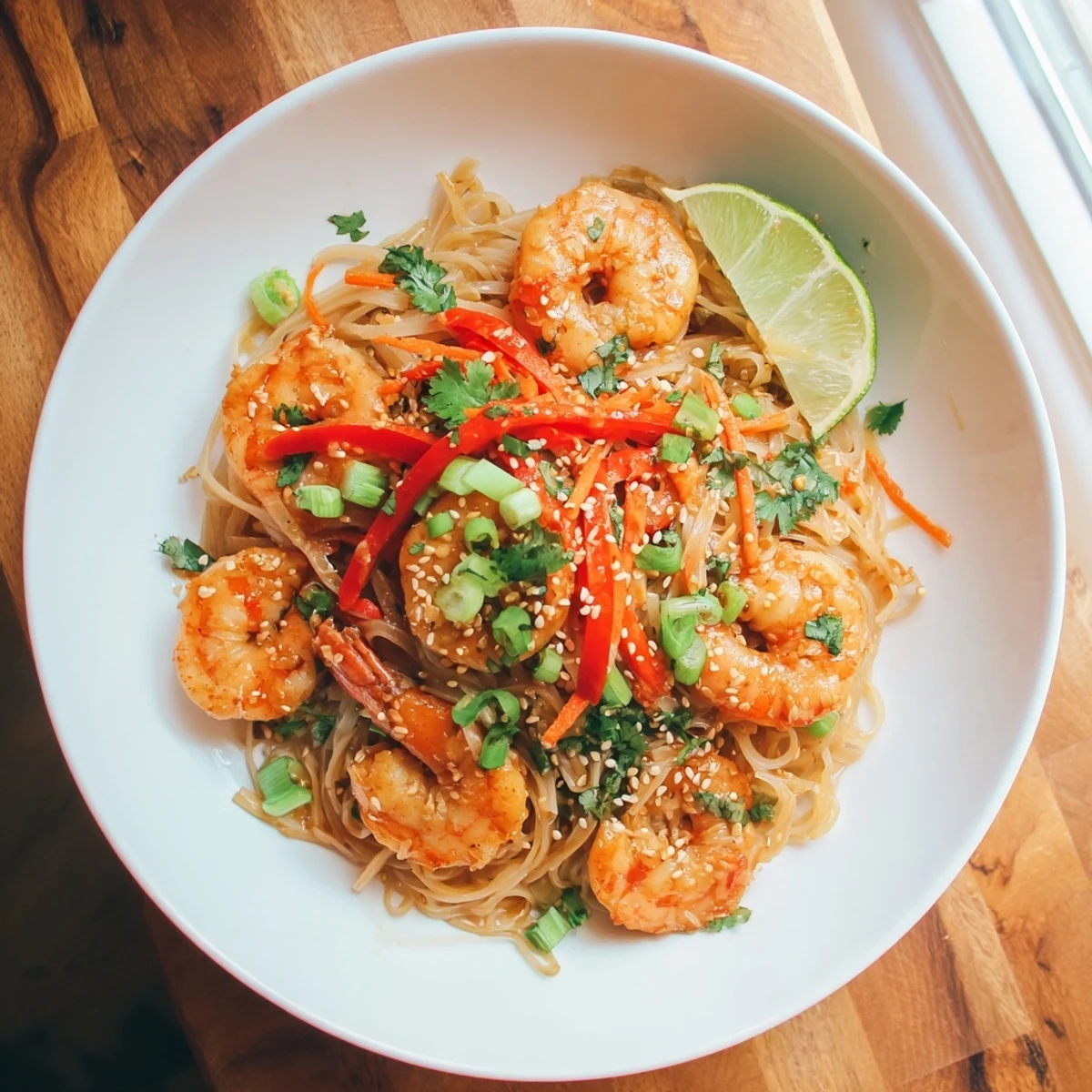 Quick weeknight Spicy Garlic Shrimp Noodles Recipe topped with sesame seeds and peppers