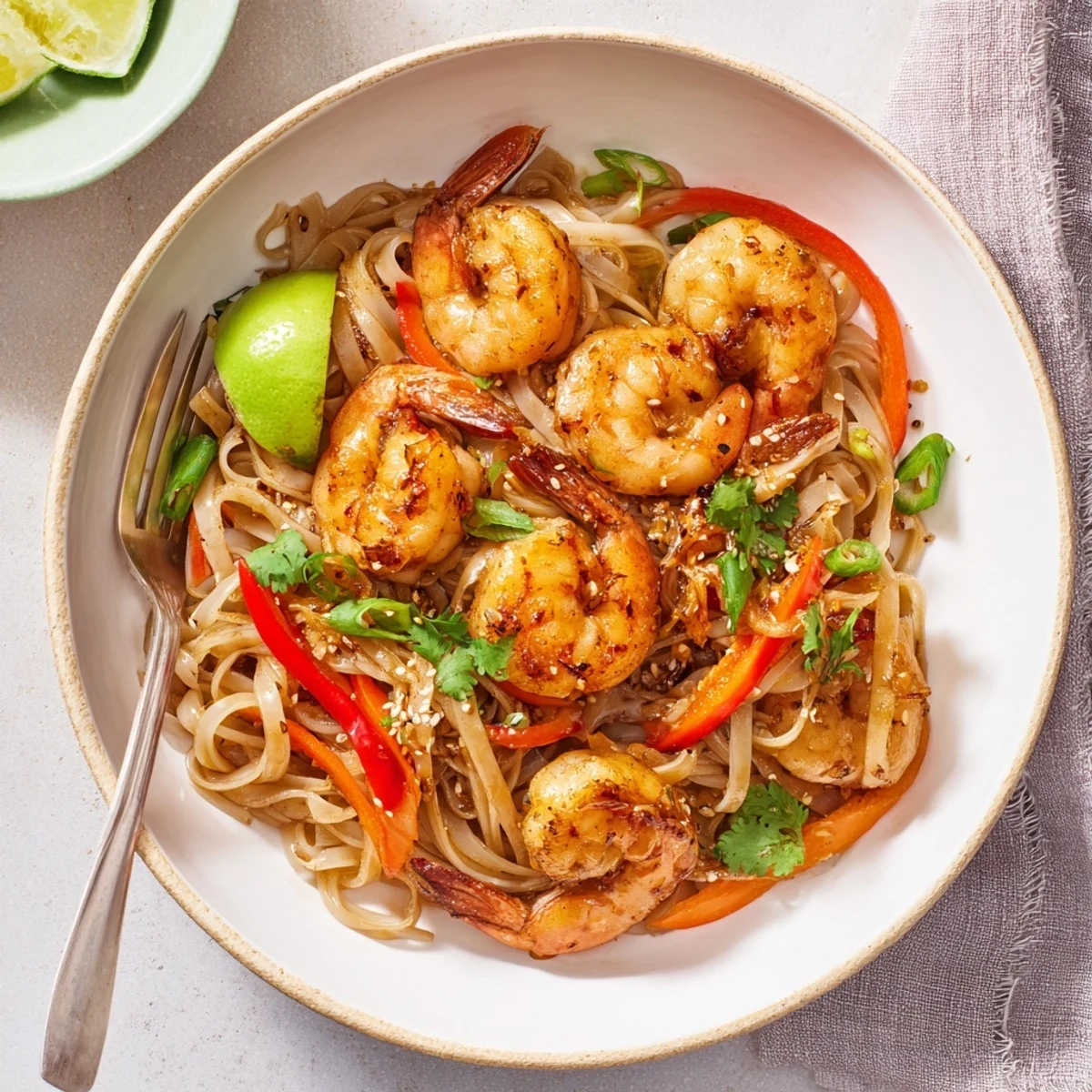 Bowl of Spicy Garlic Shrimp Noodles Recipe tossed with cilantro and scallions