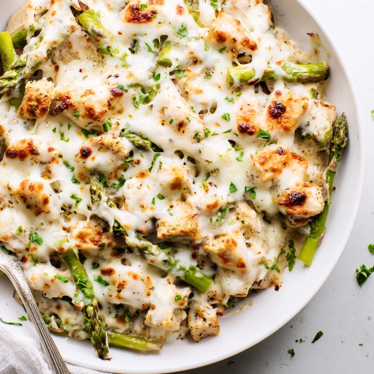 Creamy Chicken Asparagus Bake bubbling golden, tender chicken and crisp asparagus steaming