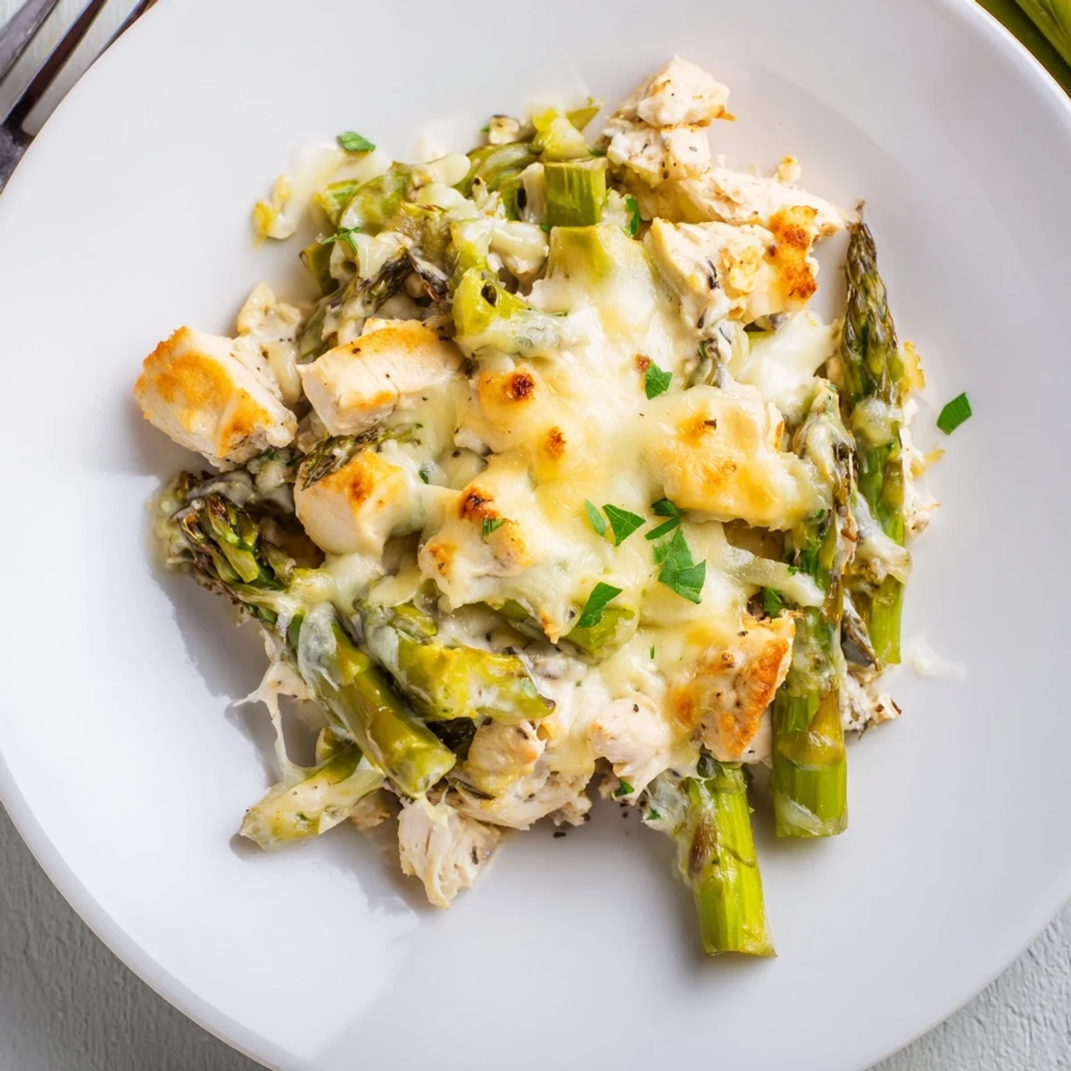 Slice of Creamy Chicken Asparagus Bake on plate, parsley garnish, fork-ready