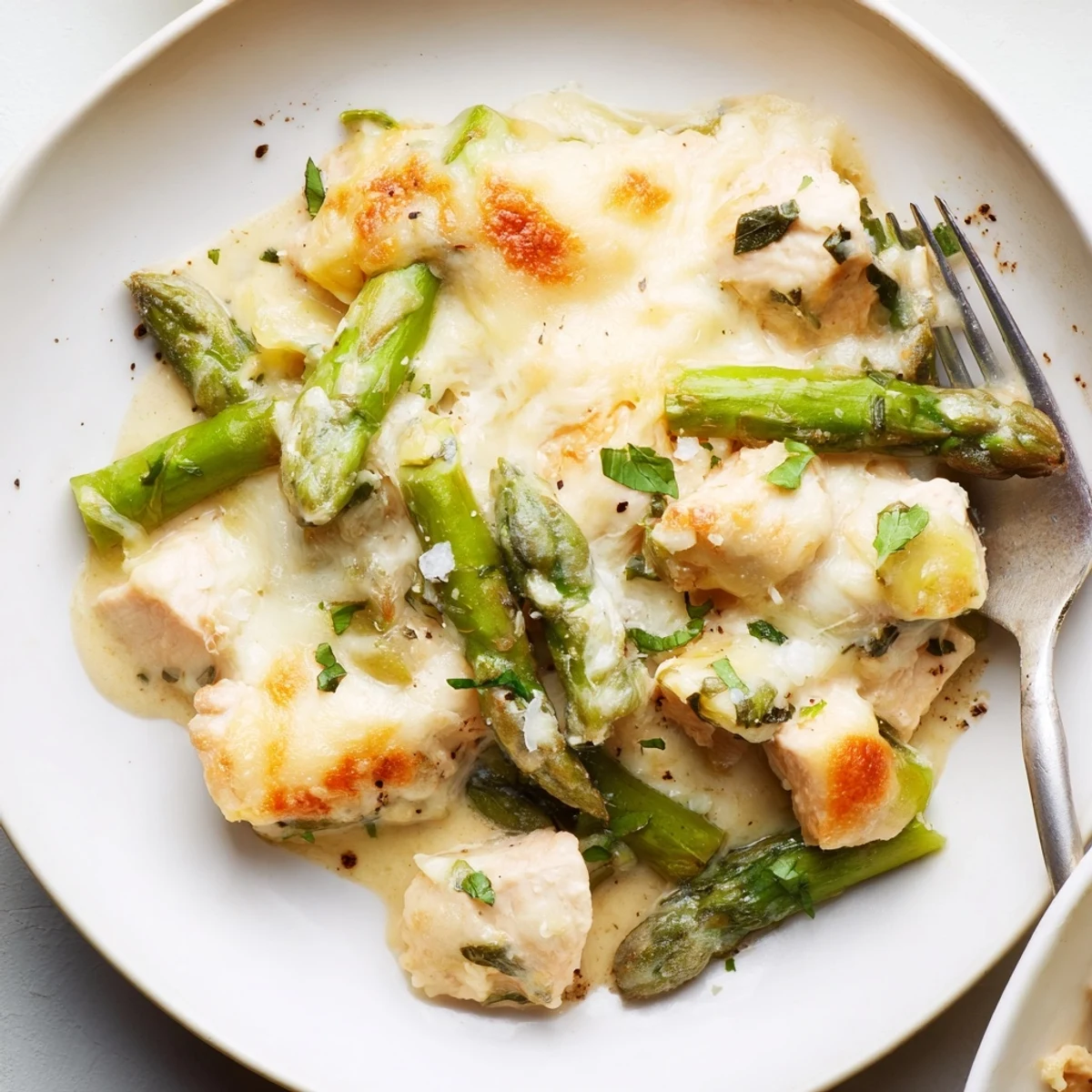 Family-style Creamy Chicken Asparagus Bake served hot with crisp green salad