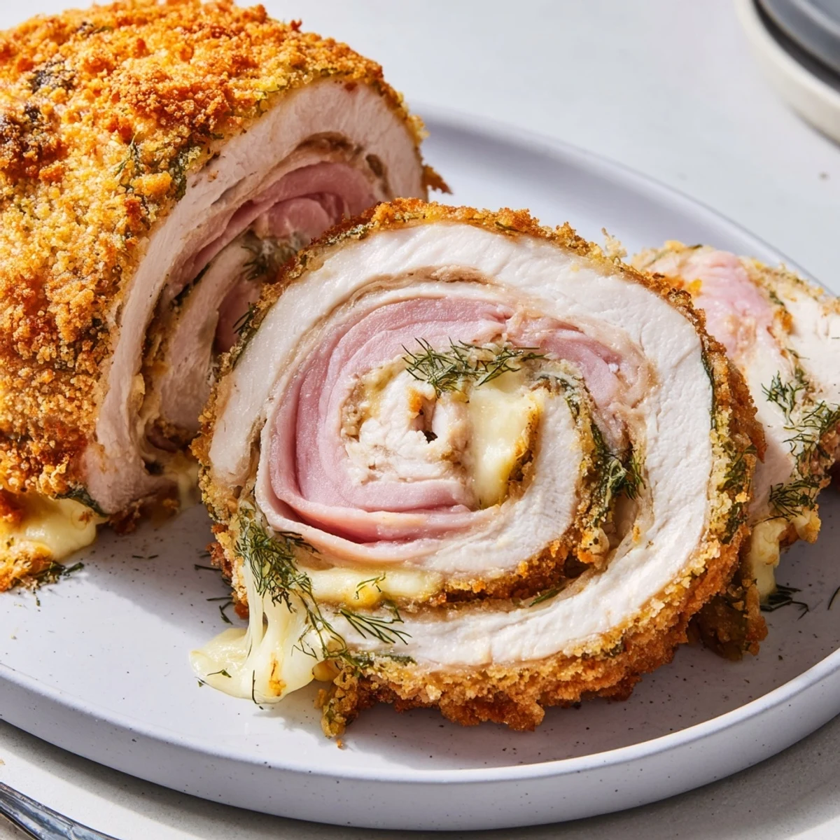 Golden, crunchy Crispy Pickle Brined Chicken Rolls, sliced to reveal cheese and herbs
