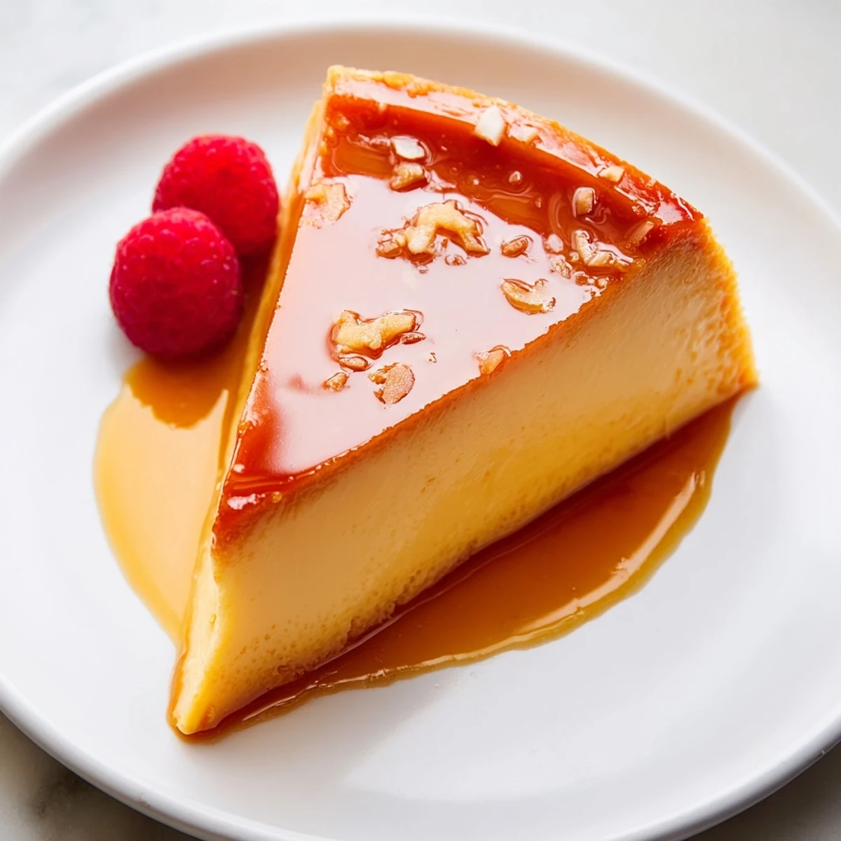 Slice of Flan Napolitano recipe glistening with amber caramel and orange zest