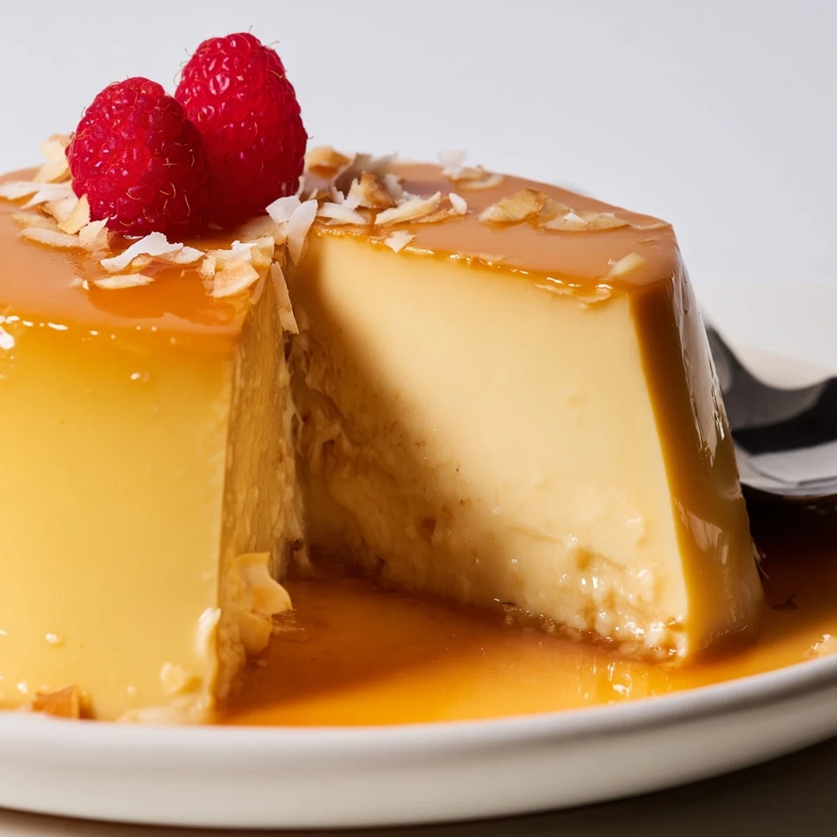 Silky caramel-topped Flan Napolitano served chilled on white dessert plate