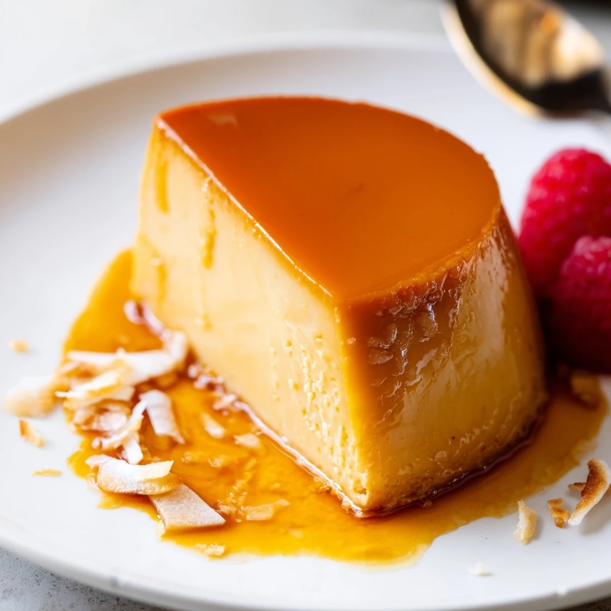 Creamy Flan Napolitano on serving plate beside coffee, fork ready