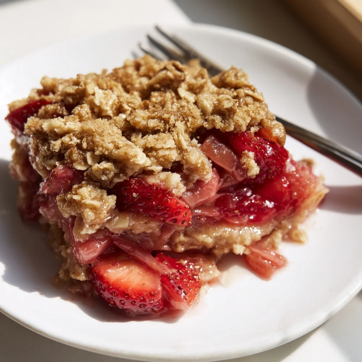 Strawberry Rhubarb Crisp Recipe: bubbling fruit with golden oat topping, served warm.