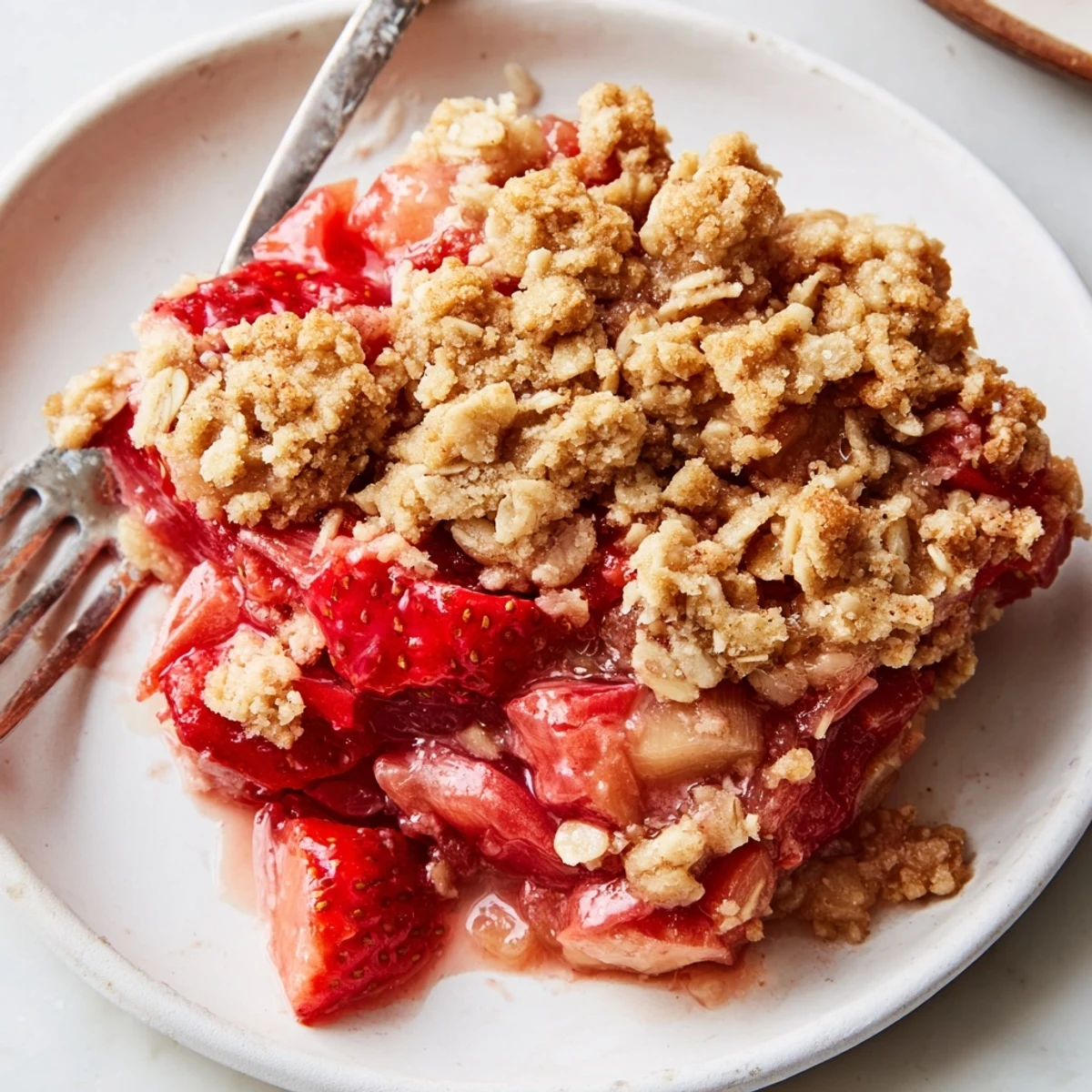 Fresh-baked Strawberry Rhubarb Crisp Recipe on a rustic dish, spoon ready.