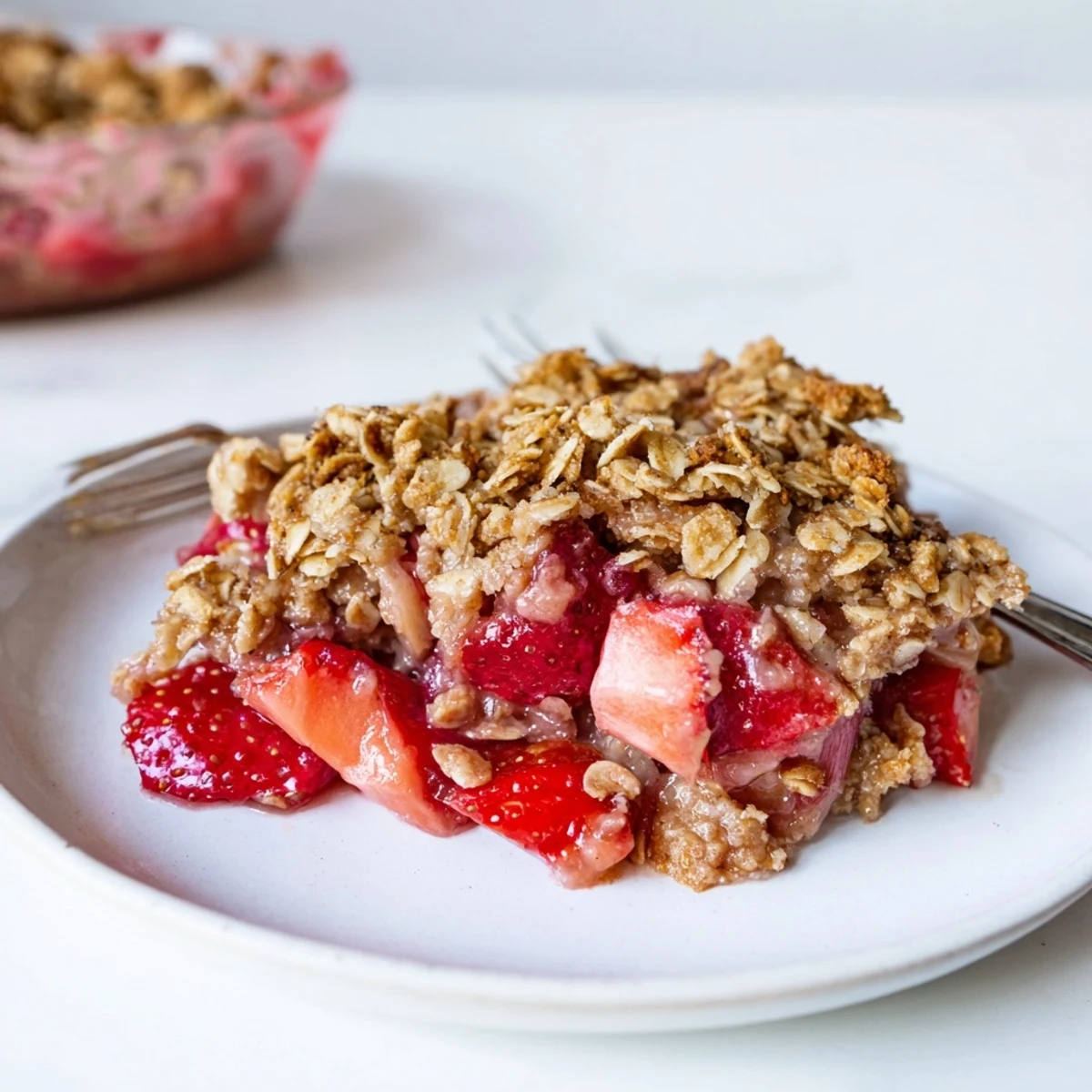 Warm Strawberry Rhubarb Crisp Recipe topped with buttery oats, ice cream optional.