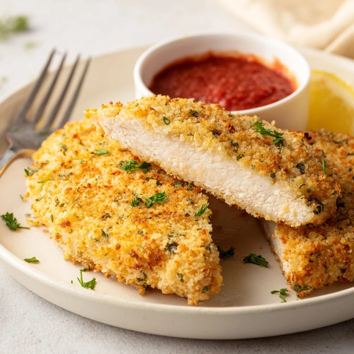Crispy Parmesan Chicken on parchment, golden crust glistening, lemon wedges nearby