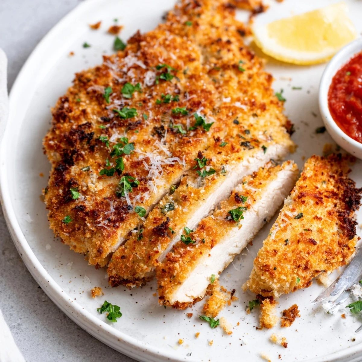 Pan fried Crispy Parmesan Chicken finished in oven, juicy inside, served hot