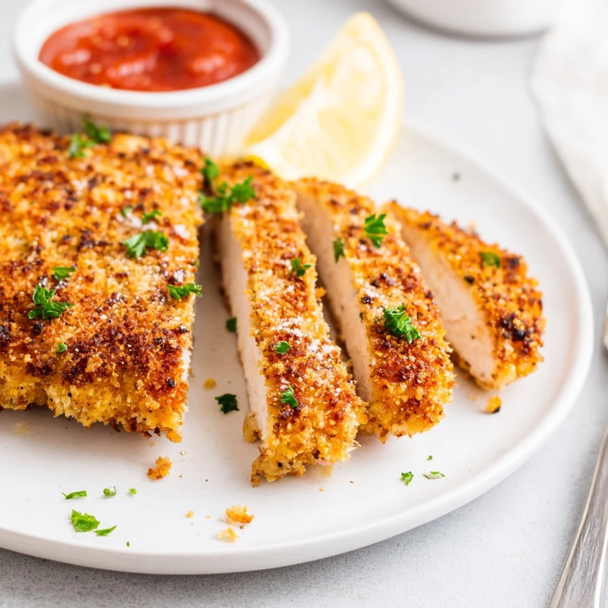 Sliced Crispy Parmesan Chicken resting on wooden board, herbs and marinara