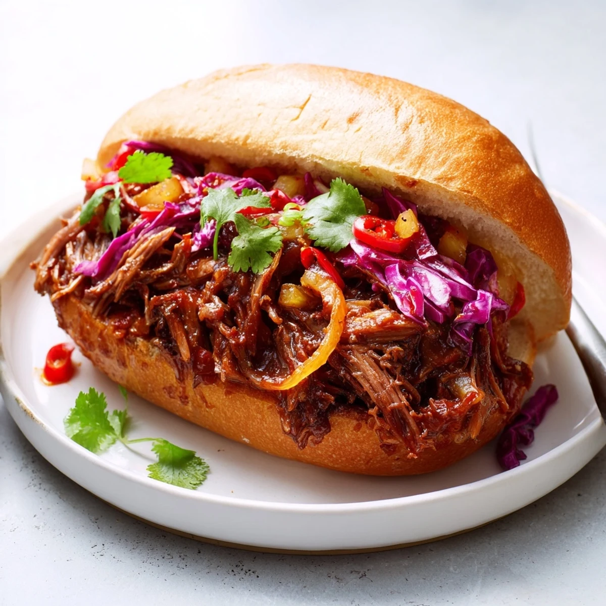 Pineapple Chili Pulled Beef Sandwiches piled high on toasted buns, juicy