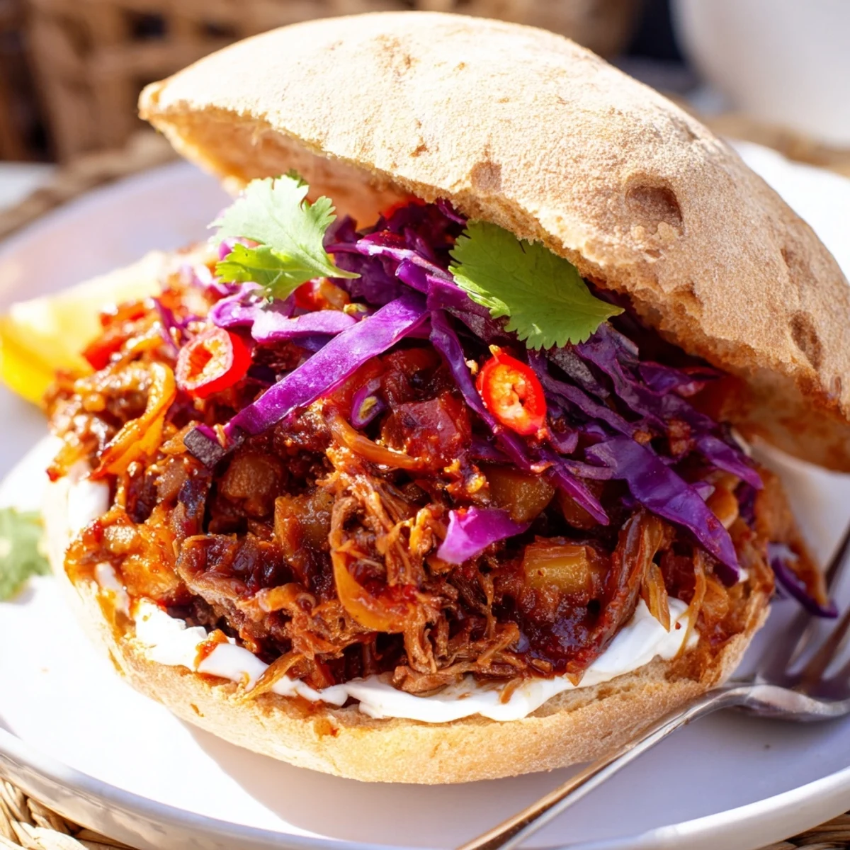 Sweet-tangy Pineapple Chili Pulled Beef Sandwiches with crunchy cabbage and cilantro