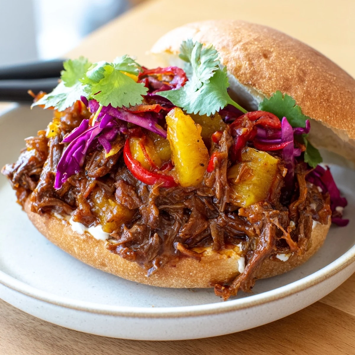 Slow-cooked Pineapple Chili Pulled Beef Sandwiches served warm beside a cold lager