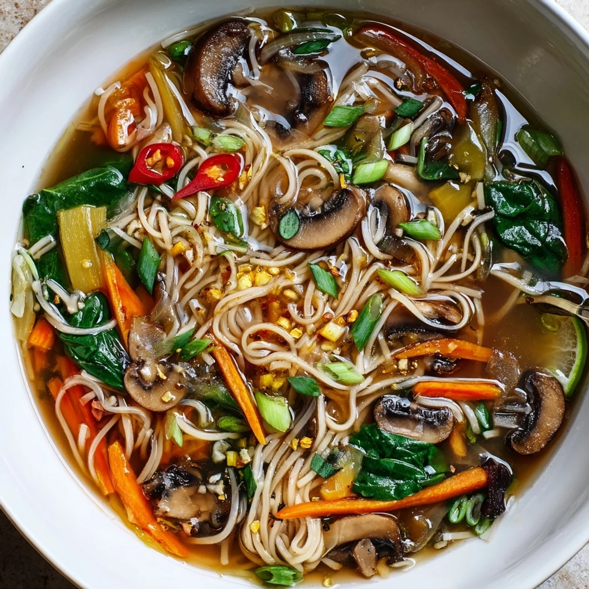 Cozy Ginger Garlic Mushroom Noodle Soup steaming in bowl, savory umami aroma.