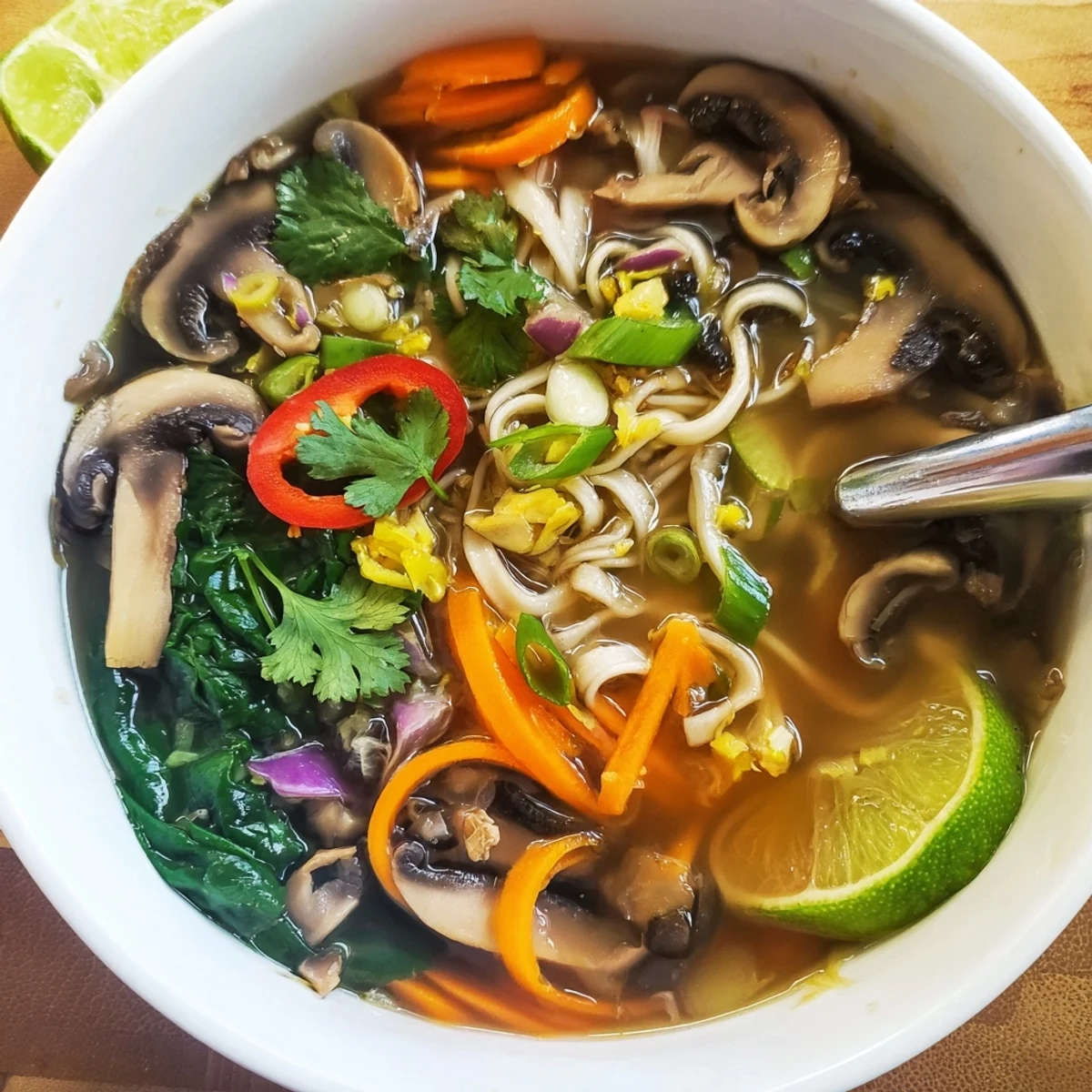 Bowl of Cozy Ginger Garlic Mushroom Noodle Soup with bright lime wedge.