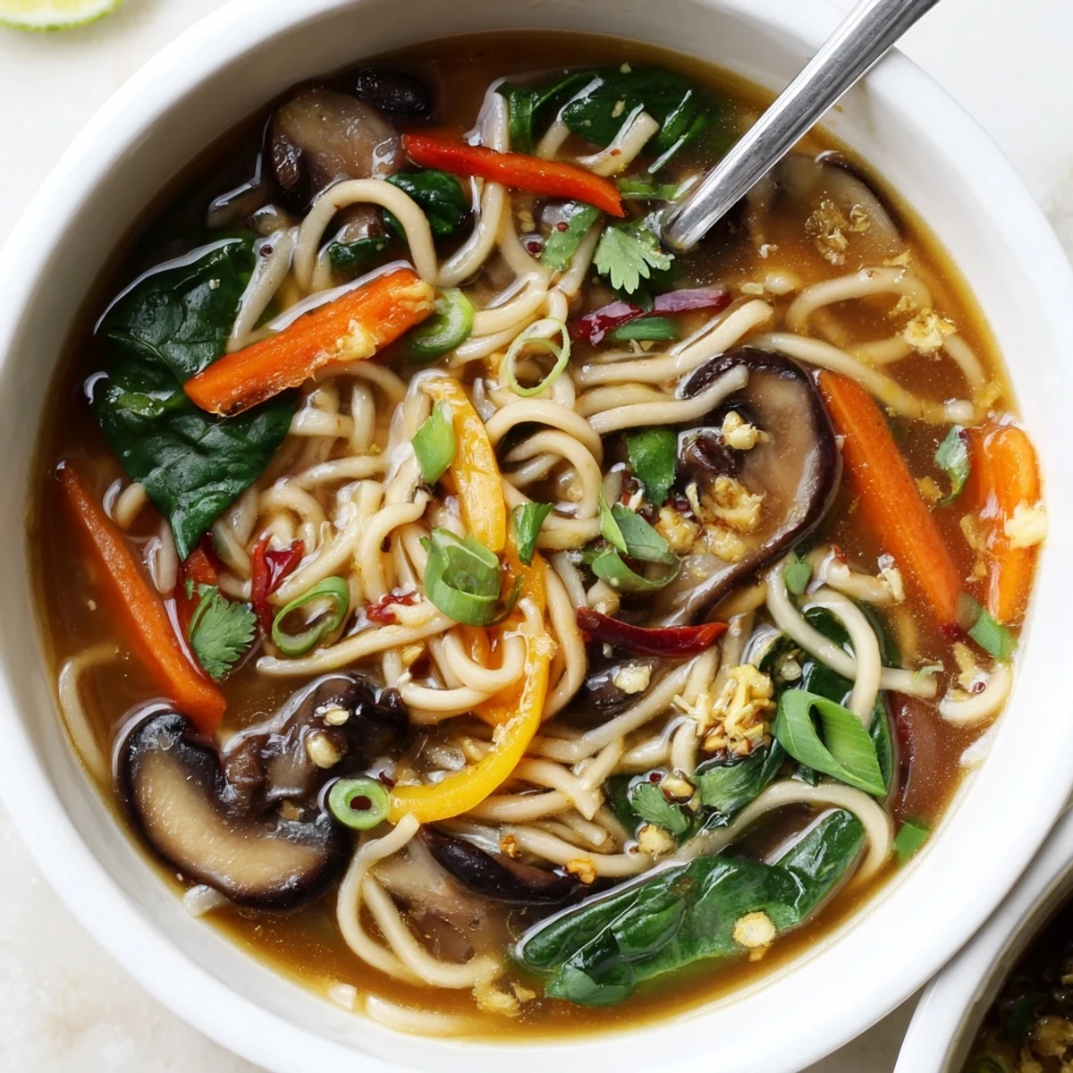 Hearty Cozy Ginger Garlic Mushroom Noodle Soup topped with scallions and cilantro.