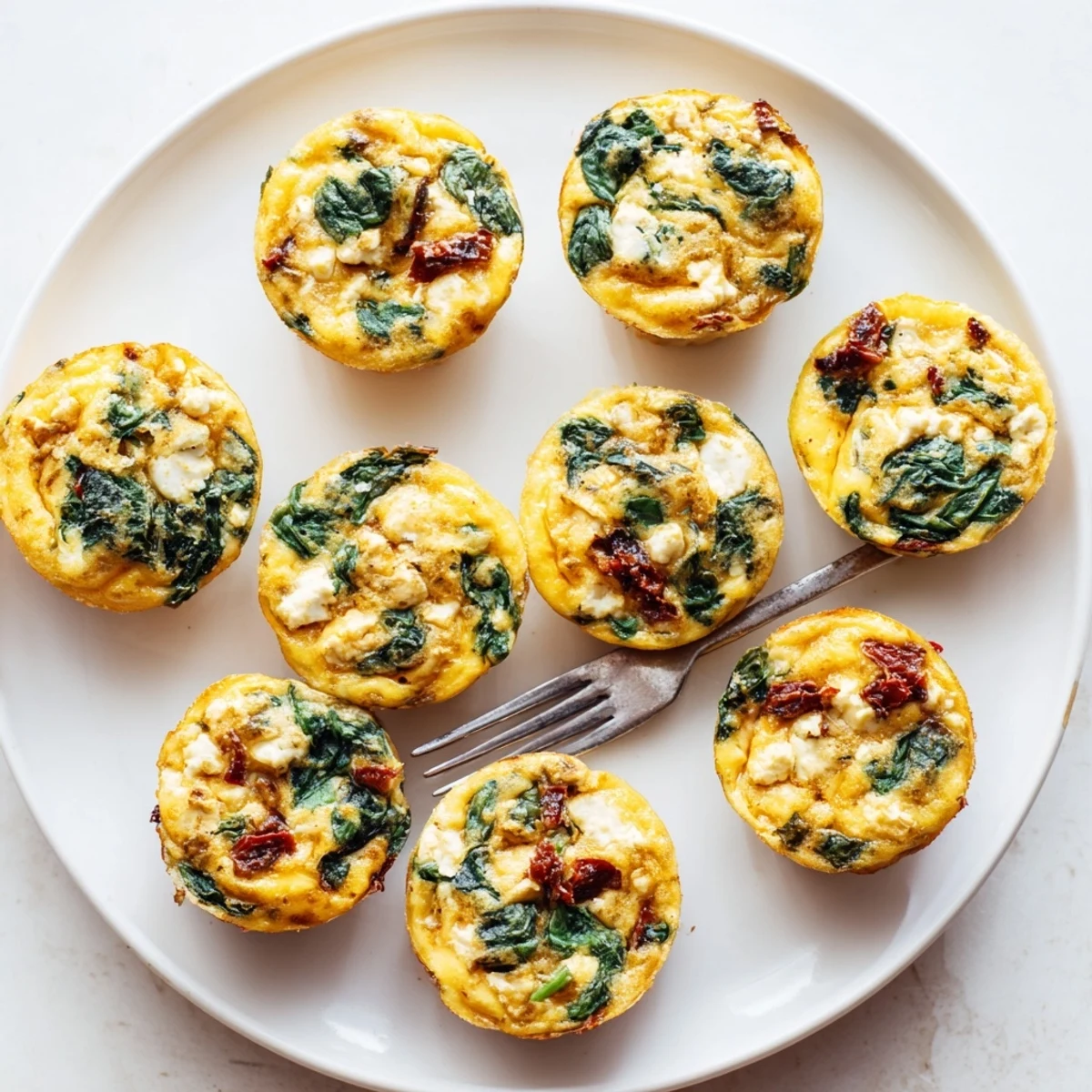Golden baked spinach feta and sun dried tomato egg muffin cups arranged in a muffin tin