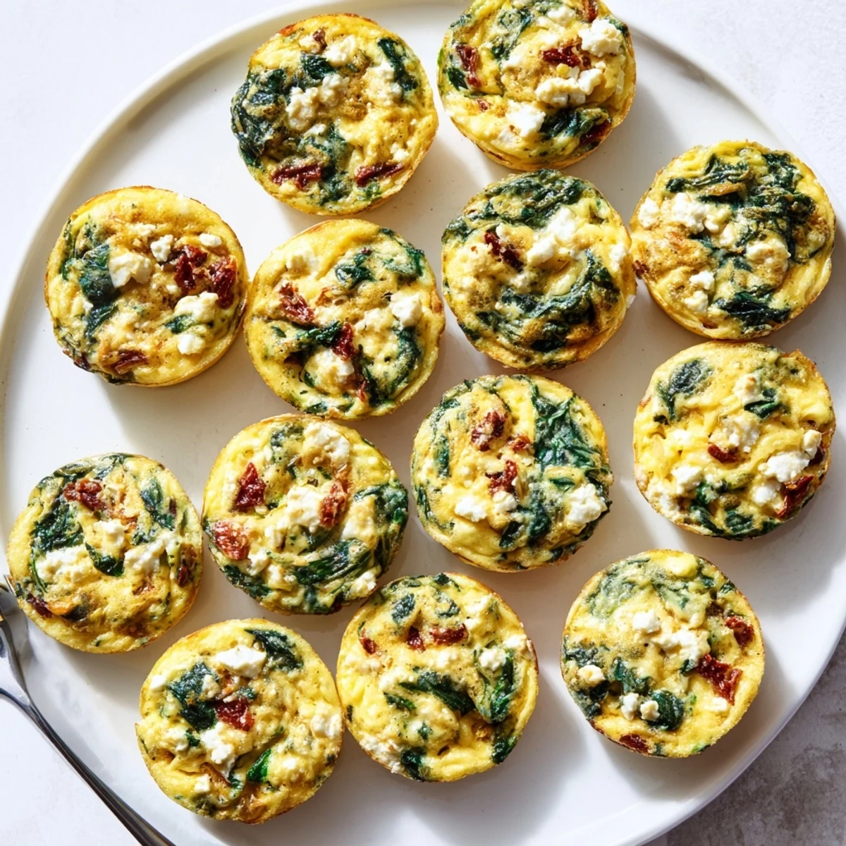 Fluffy Mediterranean breakfast egg muffins topped with melted feta and vibrant red sun dried tomatoes