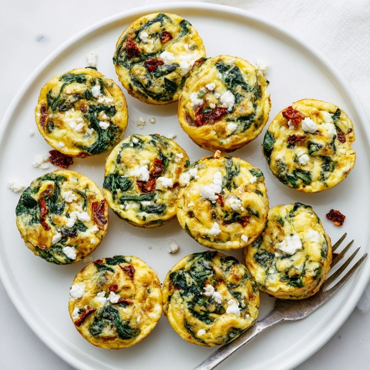 Protein packed spinach feta and sun dried tomato egg muffin cups served on a white plate