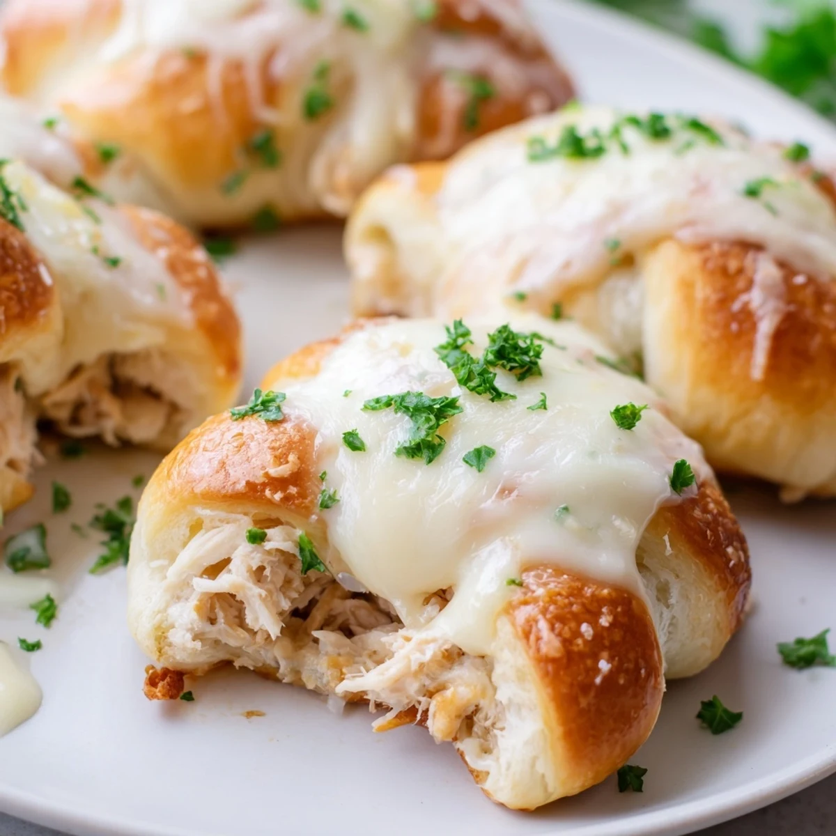 Golden chicken pillows baked in crescent dough drizzled with rich parmesan cream sauce