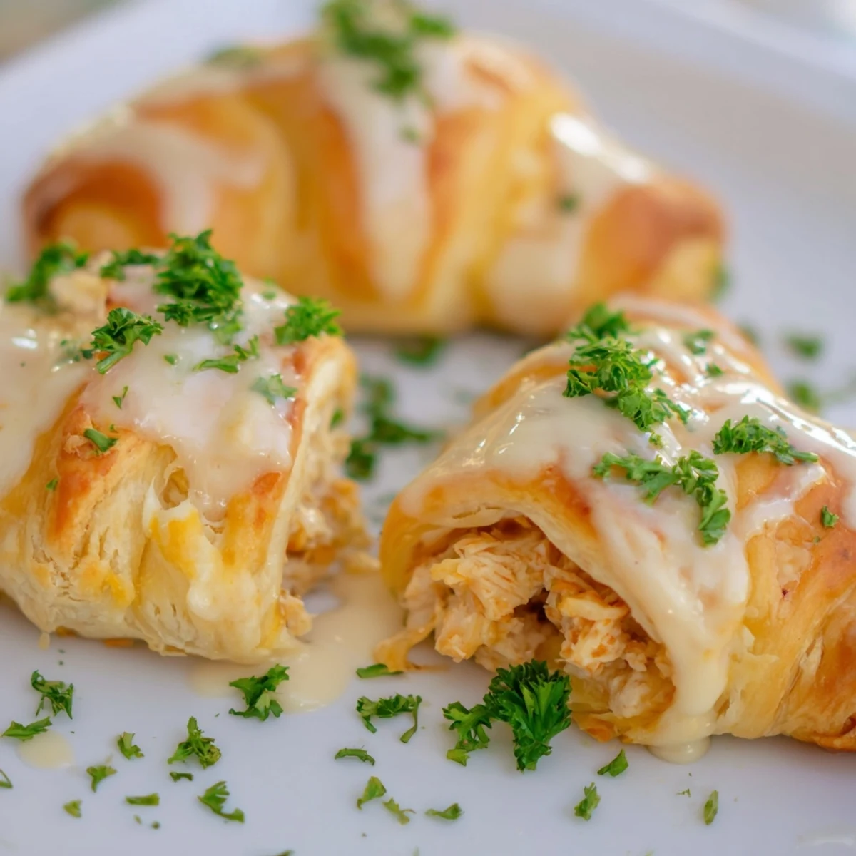 Creamy parmesan sauce coats golden baked chicken pillows made with tender shredded chicken filling