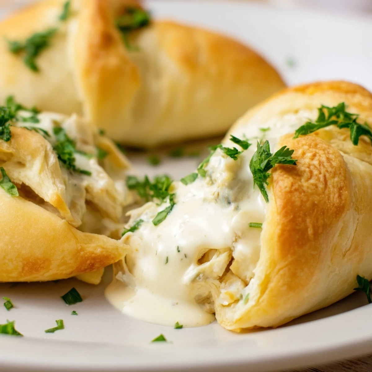 Flaky baked chicken pillows filled with cream cheese mixture topped with white parmesan sauce