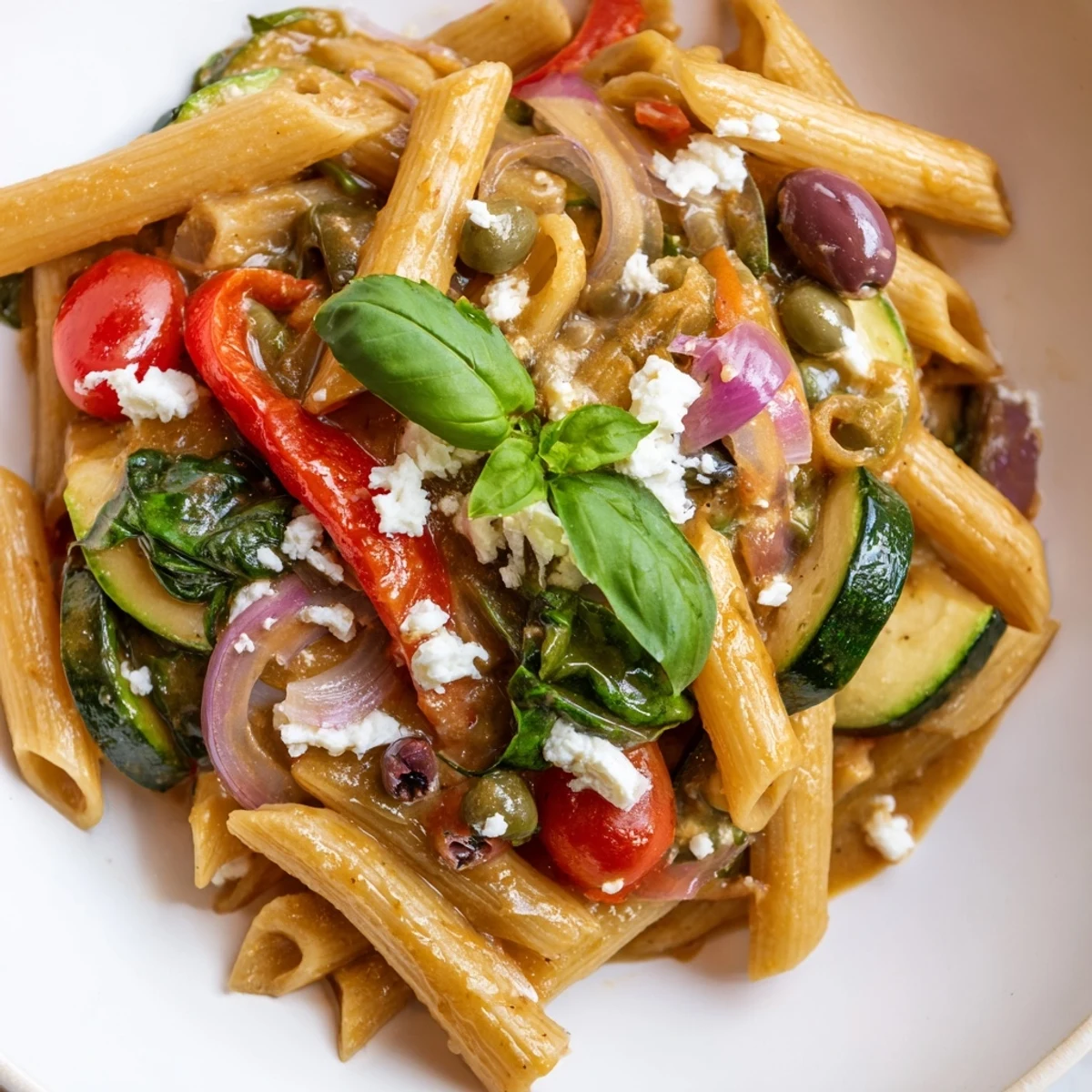 Colorful Mediterranean one pot pasta with zucchini, bell peppers, olives, and crumbled feta in a rustic white bowl