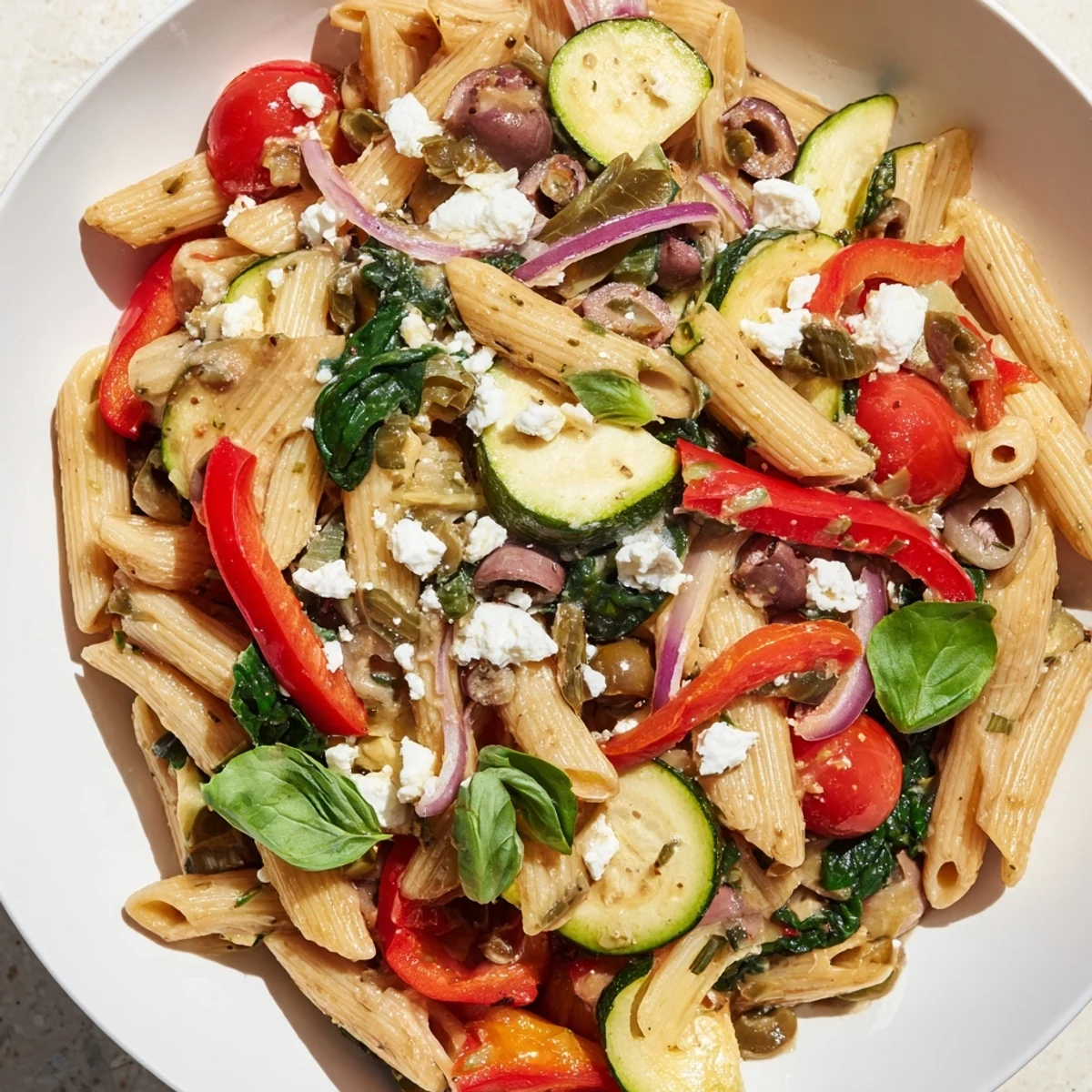 Vibrant penne pasta simmered with cherry tomatoes, spinach, and Kalamata olives in this Mediterranean one pot pasta dish
