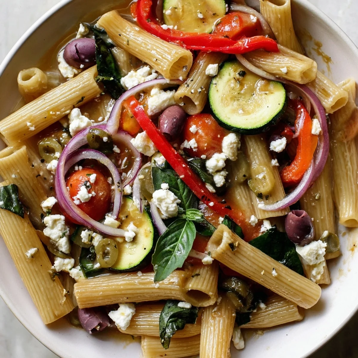 Steaming Mediterranean one pot pasta featuring fresh basil garnish and melted feta over tender vegetables and al dente noodles