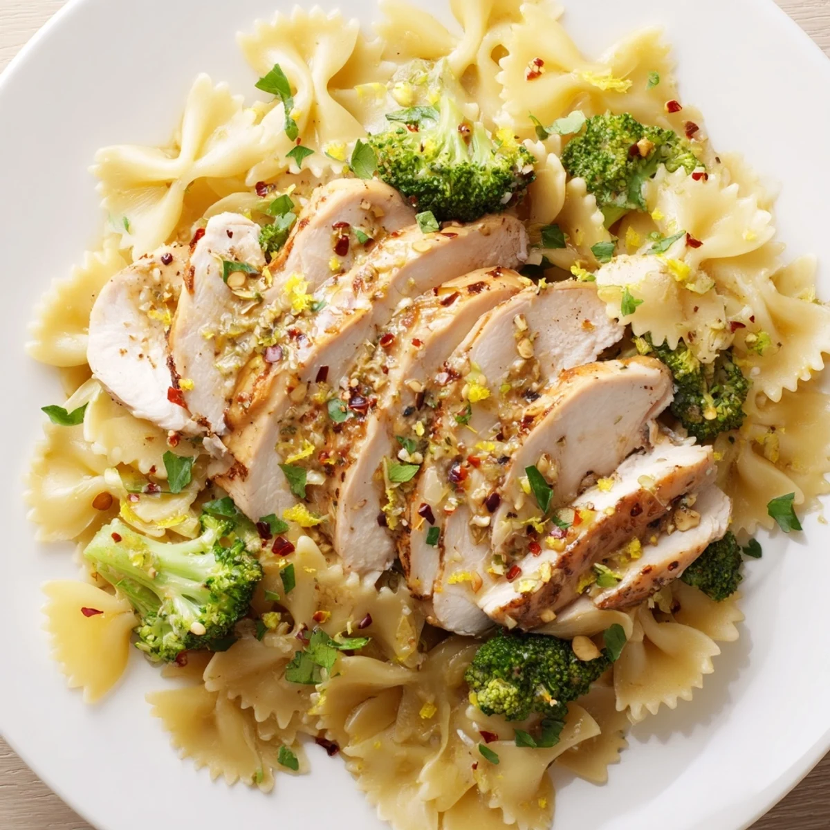 Golden sliced chicken topped with melted cowboy butter served over lemony bowtie pasta and fresh broccoli florets