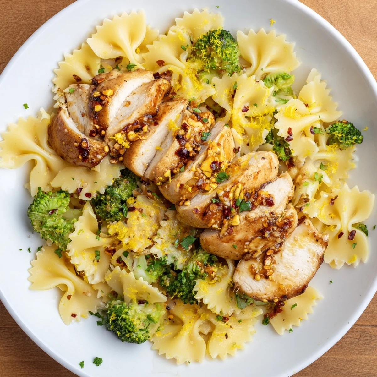 Sliced cowboy butter chicken resting on a bed of lemon seasoned bowtie pasta with vibrant green broccoli pieces