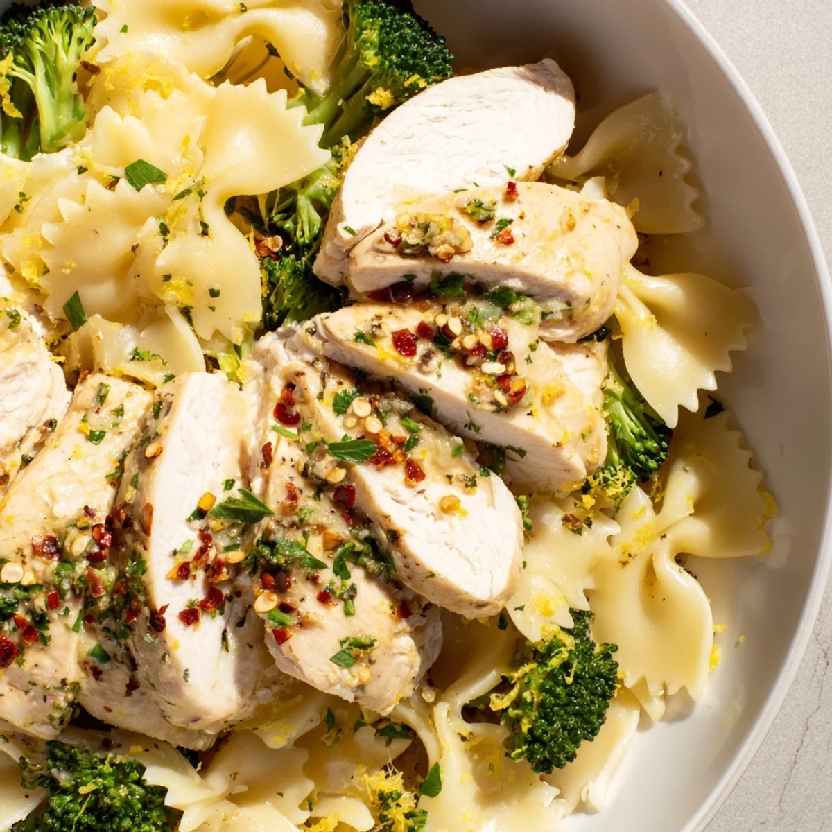Juicy spiced chicken breasts drizzled with zesty garlic butter alongside crisp-tender broccoli and bright citrus-infused farfalle pasta