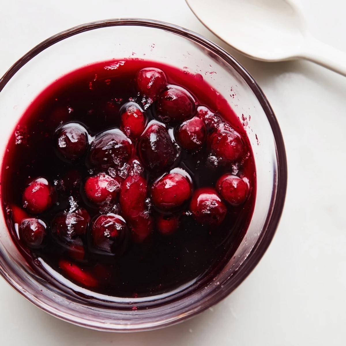 Homemade cranberry syrup drizzled over fluffy pancakes with vibrant red color and glossy texture
