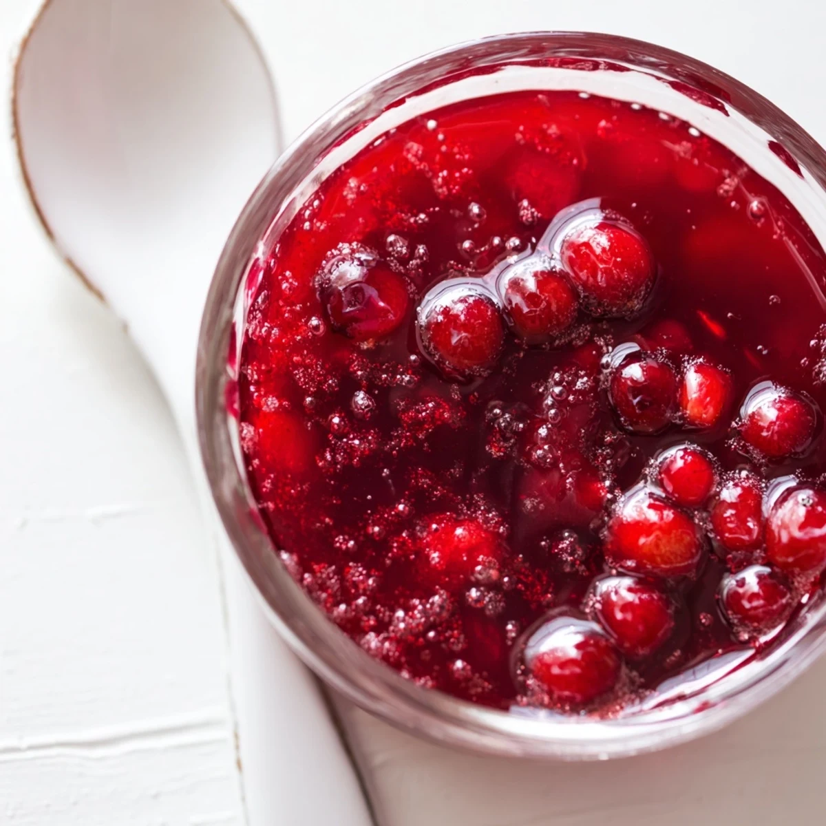 Cranberry syrup being poured from a spoon into a clear glass container showing deep ruby hue