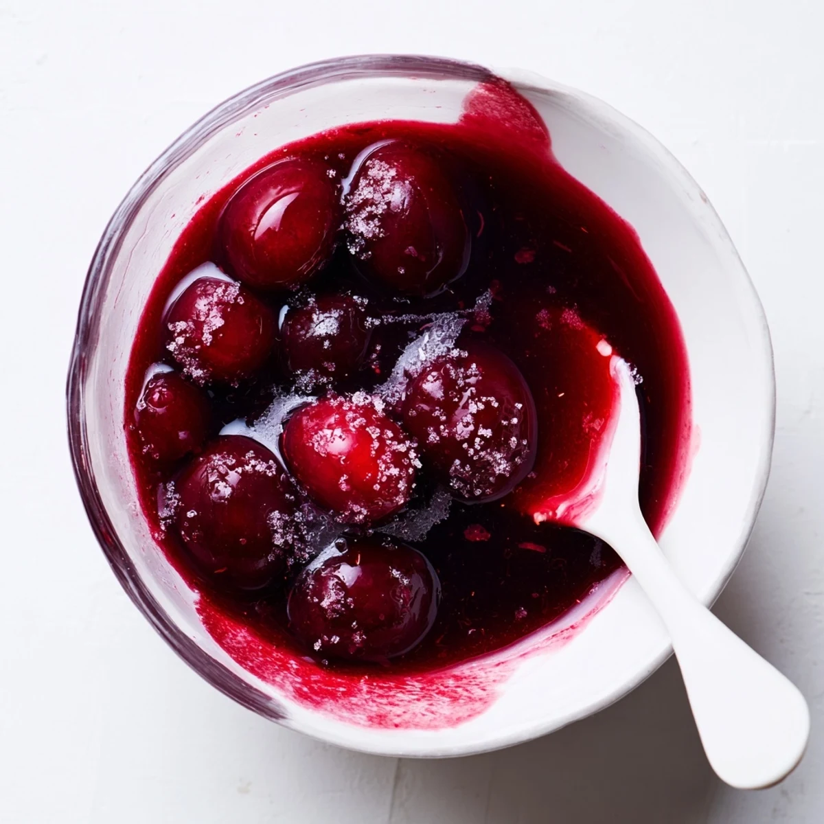 Glass jar filled with tangy cranberry syrup garnished with fresh whole cranberries and lemon zest